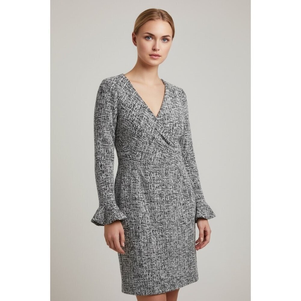 Lauren Ralph Lauren Black White Tweed V-Neck Ruffle Sleeve Dress Size 4